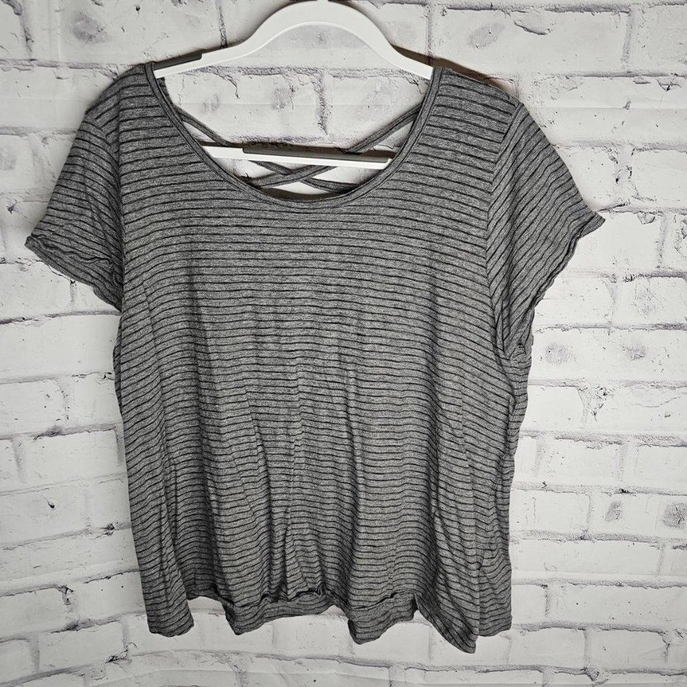 Grey Striped Top with Criss Cross back